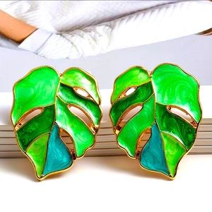 Monstera Leaf Earrings Enameled Green Gold Tone Hypoallergenic